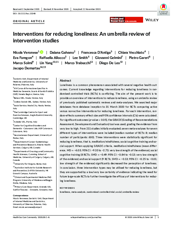 (PDF) Interventions for reducing loneliness: An umbrella review of ...