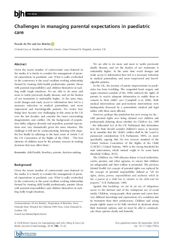 (PDF) Challenges in managing parental expectations in paediatric care