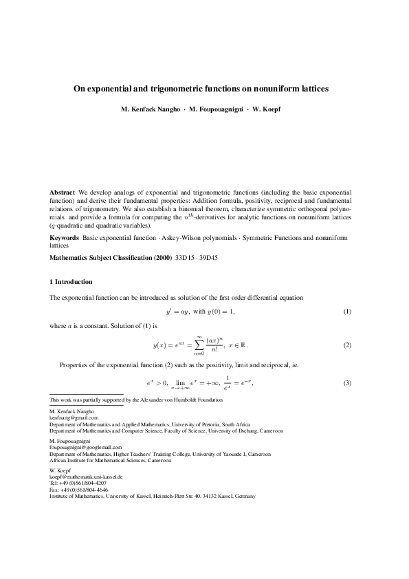 (PDF) On exponential and trigonometric functions on nonuniform lattices