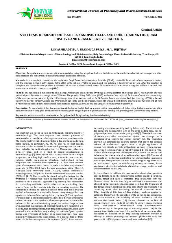 (PDF) SYNTHESIS OF MESOPOROUS SILICA NANOPARTICLES AND DRUG LOADING FOR ...