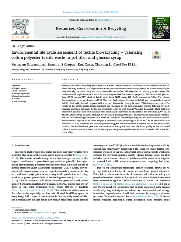 (PDF) Environmental life cycle assessment of textile bio-recycling ...
