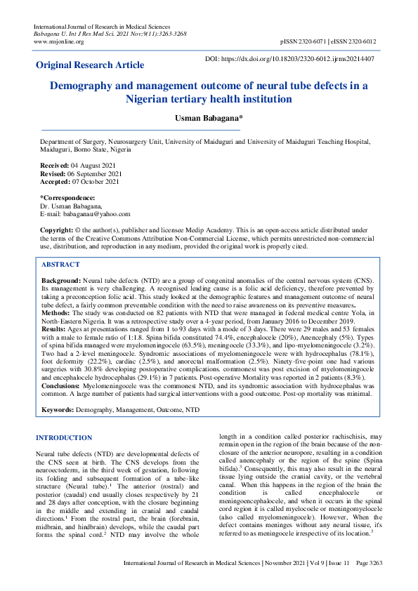 (PDF) Demography and management outcome of neural tube defects in a ...