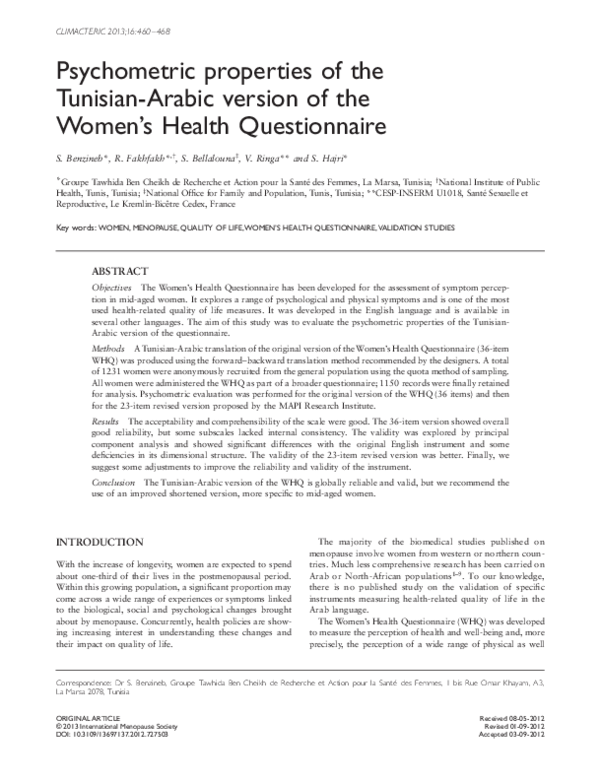 (PDF) Psychometric properties of the TunisianArabic version of the