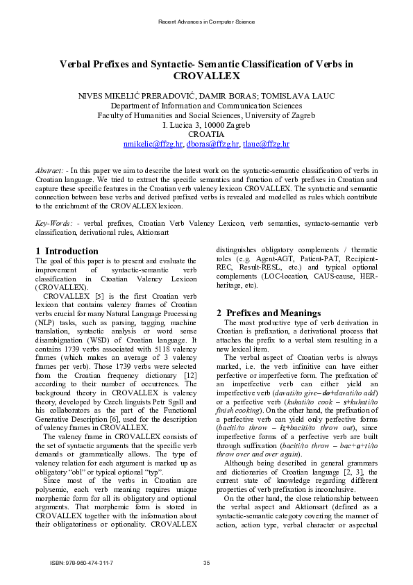 (PDF) Verbal Prefixes and Syntactic-Semantic Classification of Verbs in ...