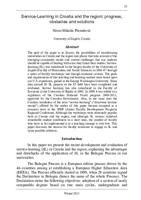 Service Learning in Croatia and the region: progress, obstacles and solutions