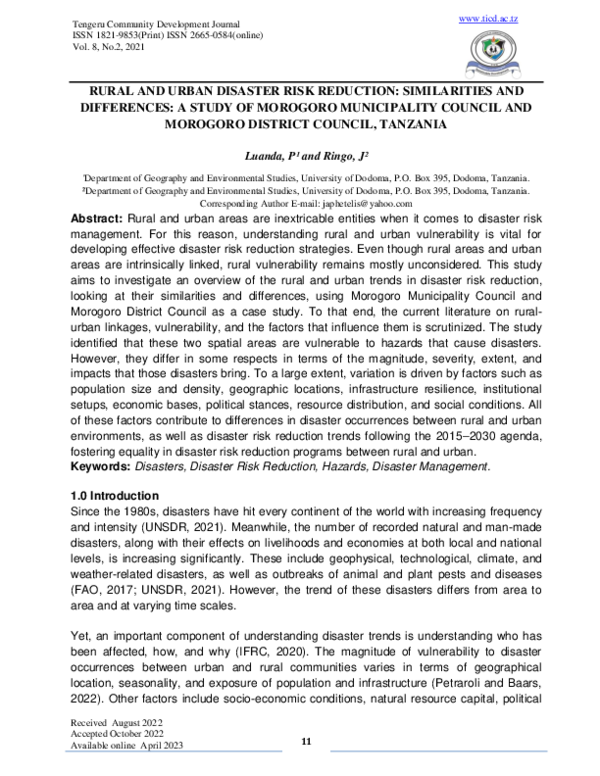 (PDF) RURAL AND URBAN DISASTER RISK REDUCTION: SIMILARITIES AND ...