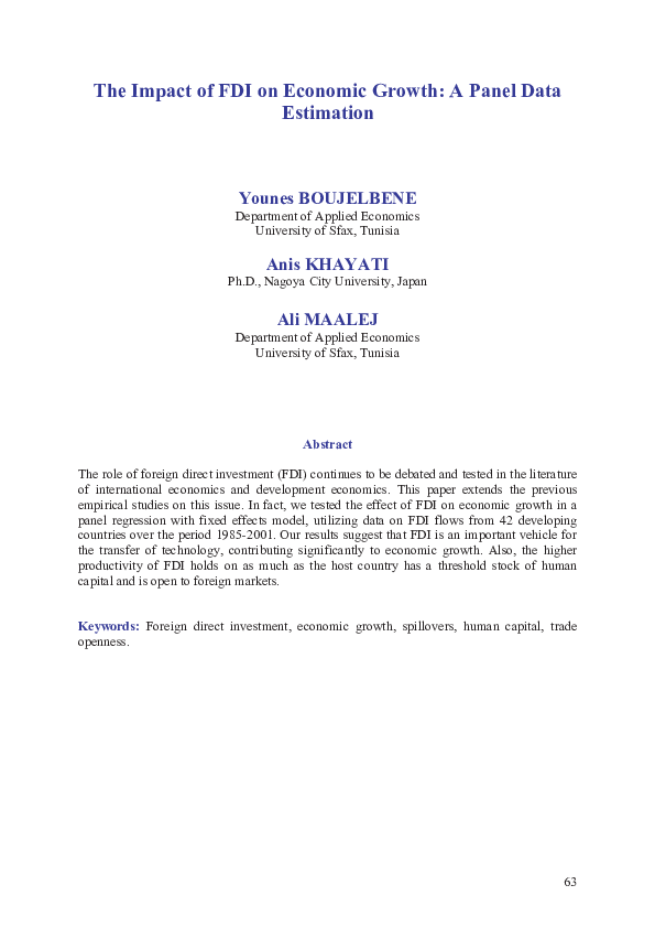 (PDF) The impact of FDI on Economic Growth : Panel Data Estimation