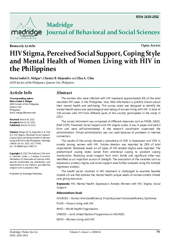 (PDF) HIV Stigma, Perceived Social Support, Coping Style and Mental ...