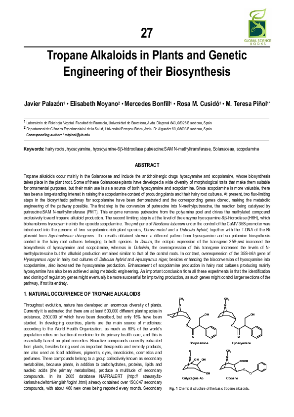 (PDF) Tropane Alkaloids in Plants and Genetic Engineering of their ...