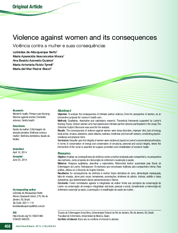 (PDF) Violence against women and its consequences | Maria Dorotéia ...