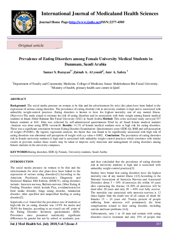 (PDF) Prevalence of Eating Disorders among Female University Medical ...