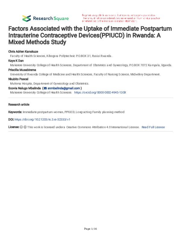 (PDF) Factors Associated with the Uptake of Immediate Postpartum ...