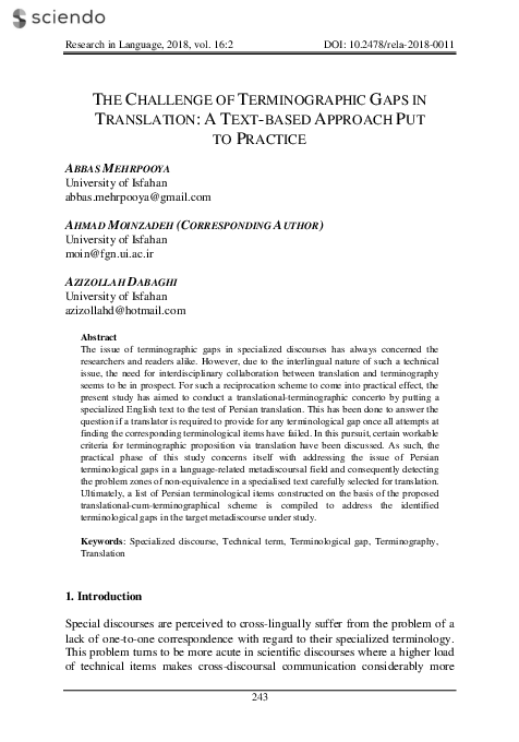 (PDF) The Challenge of Terminographic Gaps in Translation: A Text-based ...