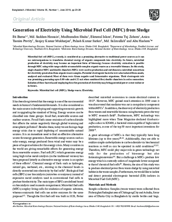 (PDF) Generation of Electricity Using Microbial Fuel Cell MFC from Sludge