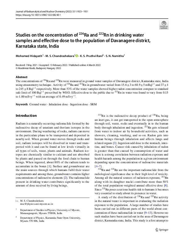 (PDF) Studies on the concentration of 226 Ra and 222 Rn in drinking ...