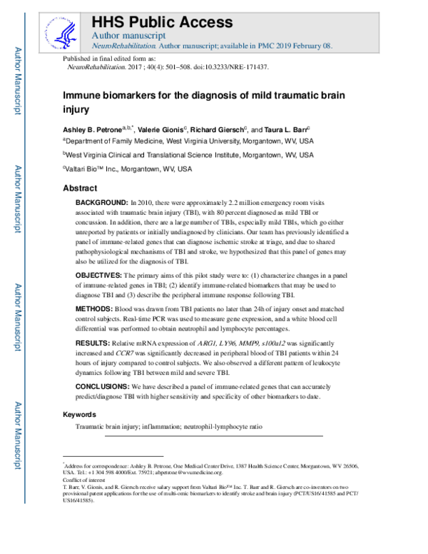 (PDF) Immune biomarkers for the diagnosis of mild traumatic brain injury