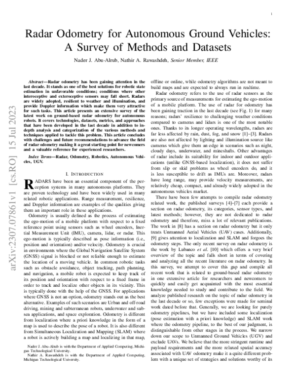 (PDF) Radar Odometry for Autonomous Ground Vehicles: A Survey of ...