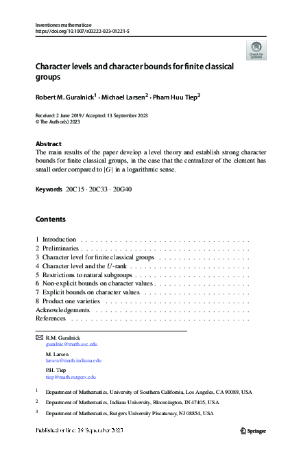 (PDF) Character levels and character bounds for finite classical groups
