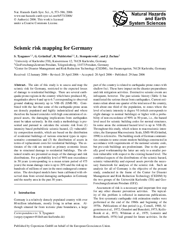 (PDF) Seismic risk mapping for Germany