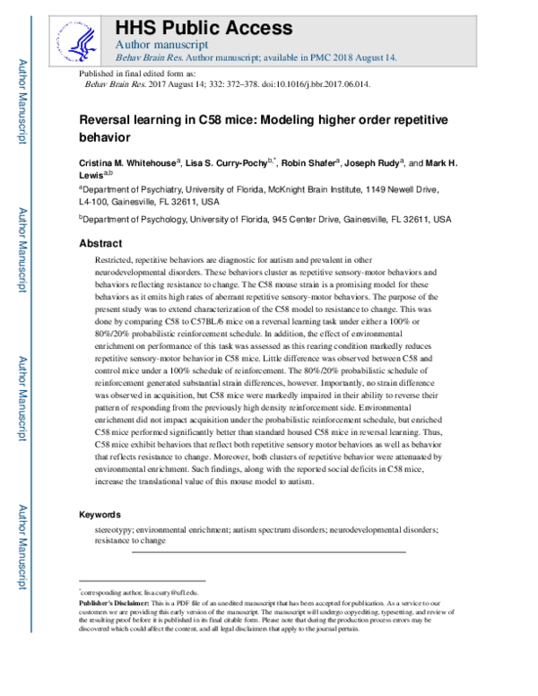 (PDF) Reversal learning in C58 mice: Modeling higher order repetitive ...