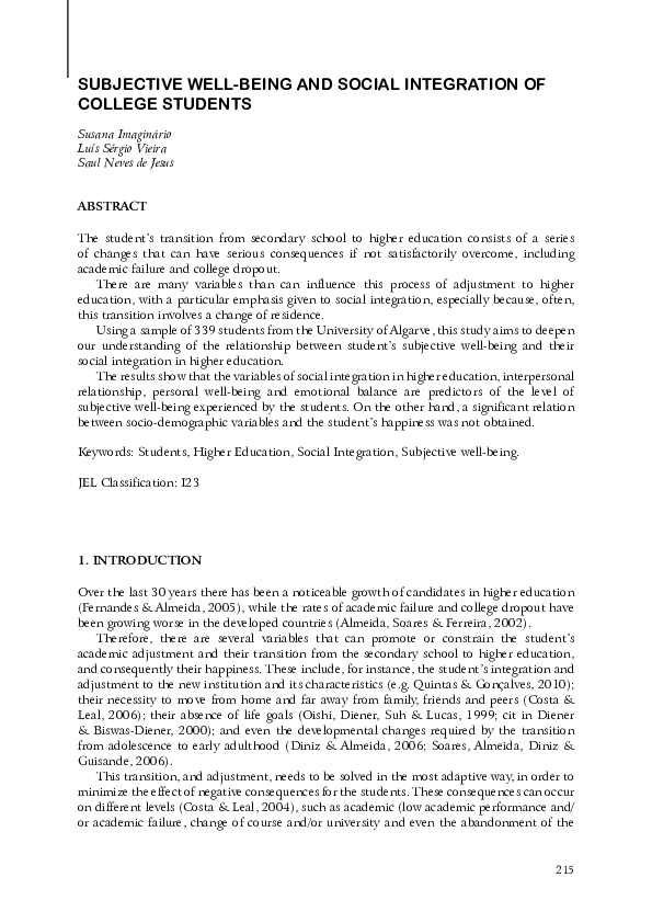 (PDF) Subjective Well-Being and Social Integration of College Students