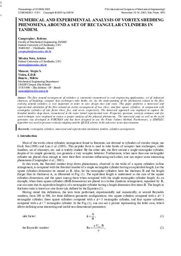 (PDF) Numerical and Experimental Analysis of Vortex Shedding Phenomena ...