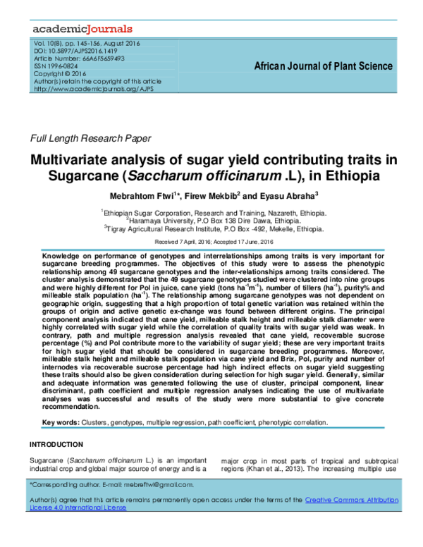 (PDF) Multivariate analysis of sugar yield contributing traits in ...
