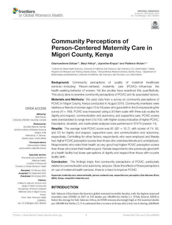 (PDF) Community Perceptions of Person-Centered Maternity Care in Migori ...