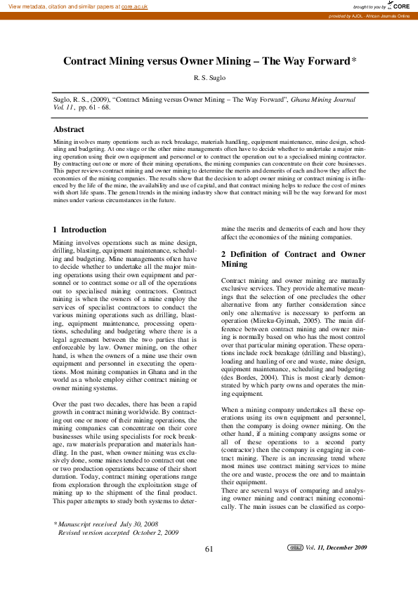 (PDF) Contract Mining versus Owner Mining – The Way Forward