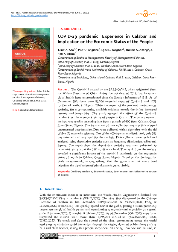 (PDF) COVID-19 pandemic: Experience in Calabar and Implication on the ...