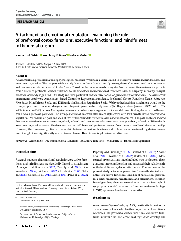 (PDF) Attachment and emotional regulation: examining the role of ...