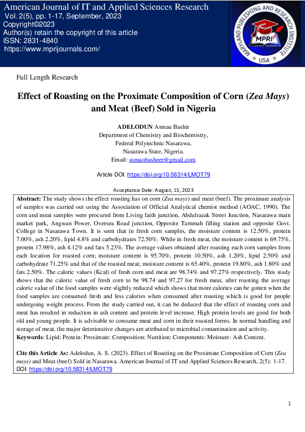 (PDF) Effect of Roasting on the Proximate Composition of Corn (Zea Mays ...