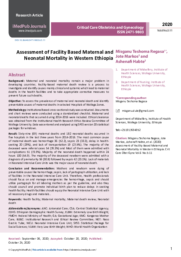 (PDF) Assessment of Facility Based Maternal and Neonatal Mortality in ...