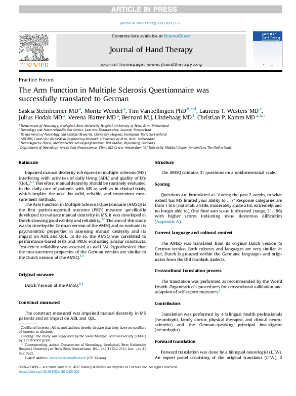 (PDF) The Arm Function in Multiple Sclerosis Questionnaire (AMSQ ...
