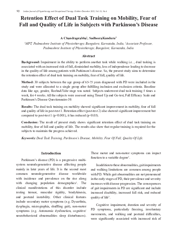 (PDF) Retention Effect of Dual Task Training on Mobility, Fear of Fall ...