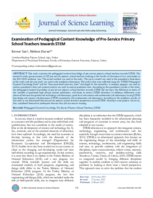 (PDF) Examination of Pedagogical Content Knowledge of Pre-Service ...