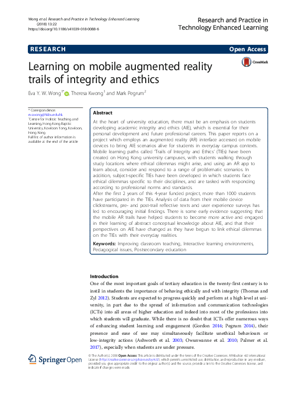 (PDF) Learning on mobile augmented reality trails of integrity and ethics