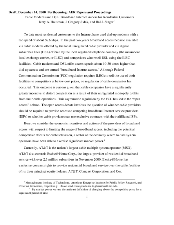 (PDF) Cable Modems and DSL: Broadband Internet Access for Residential ...