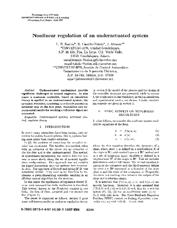 (PDF) Nonlinear regulation of an underactuated system