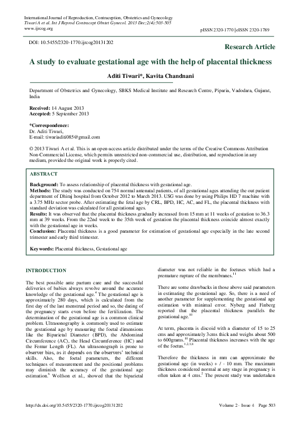 (PDF) A study to evaluate gestational age with the help of placental ...