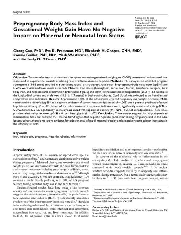 (PDF) Prepregnancy Body Mass Index and Gestational Weight Gain Have No ...