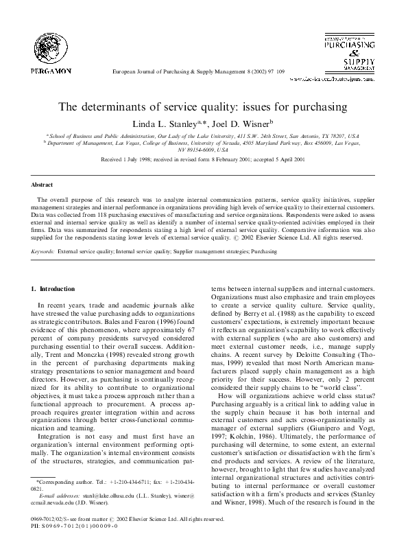 (PDF) The determinants of service quality: issues for purchasing