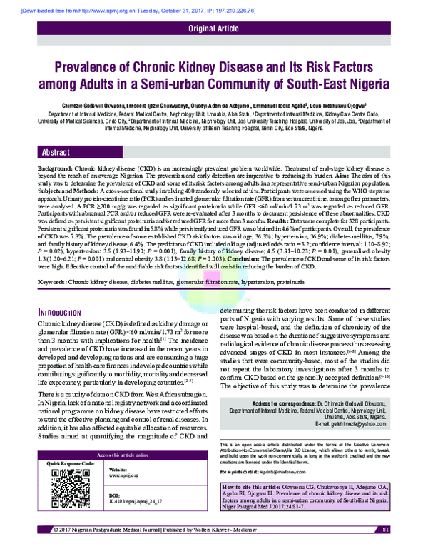 (PDF) Prevalence of chronic kidney disease and its risk factors among ...