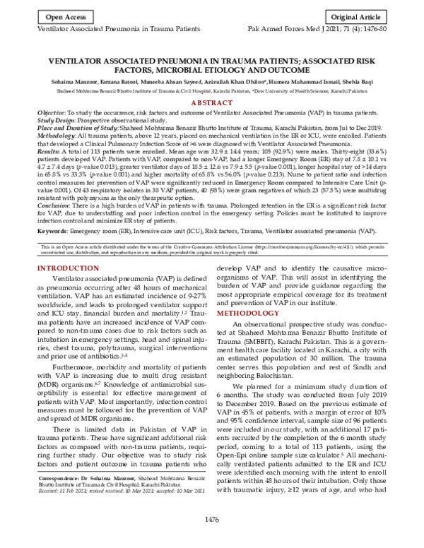 (PDF) Ventilator Associated Pneumonia in Trauma Patients; Associated ...