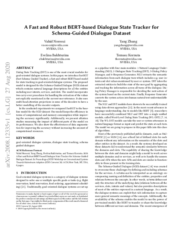 (PDF) A Fast and Robust BERT-based Dialogue State Tracker for Schema ...