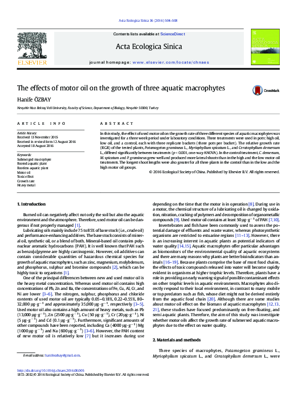 (PDF) The effects of motor oil on the growth of three aquatic macrophytes