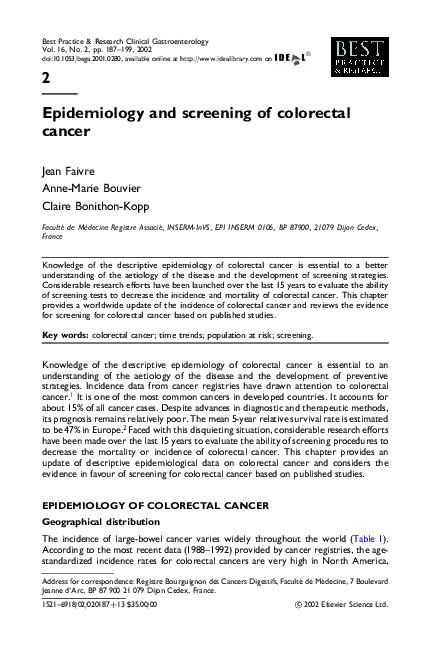 (PDF) Epidemiology and screening of colorectal cancer