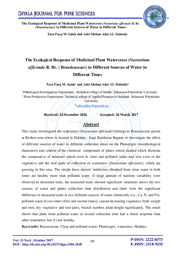 (PDF) The Ecological Response of Medicinal Plant Watercress (Nasturtium ...
