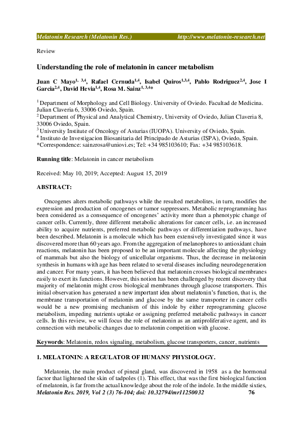 (PDF) Understanding the role of melatonin in cancer metabolism