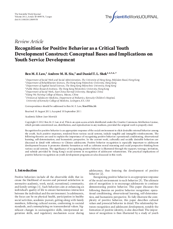 (PDF) Recognition for Positive Behavior as a Critical Youth Development ...